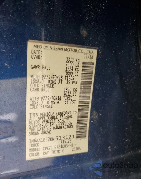 2019 Nissan Titan Sv from USA, damaged, VIN 1N6AA1E52KN513121